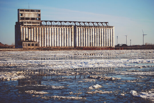 An abandoned grain mill in Buffalo, New York at sunset