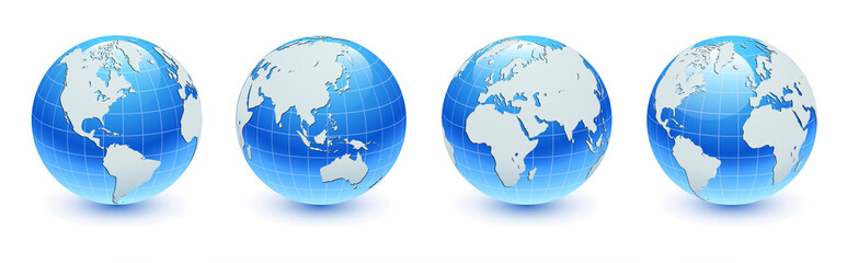 Earth globes 3D blue and white set, different views, realistic shiny icon with  parallels and meridians, vector world spheres design. 