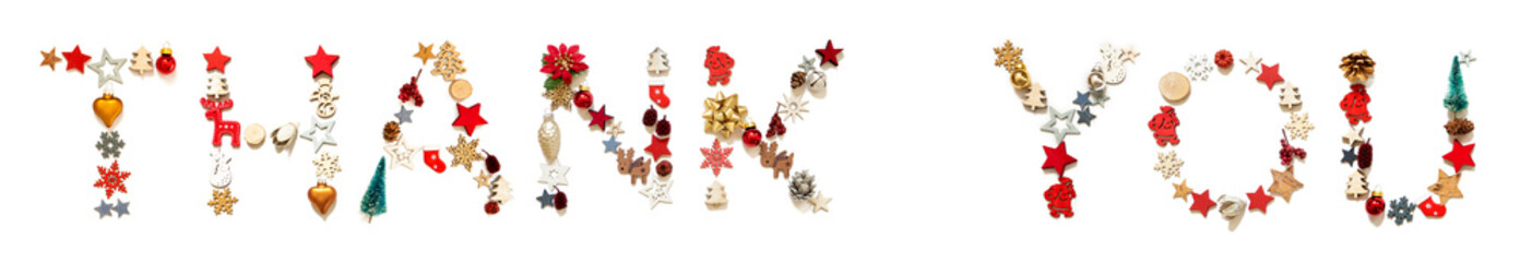 Colorful Christmas Decoration Letter Building English Word Thank You. Festive Ornament Like Christmas Tree, Star And Ball. White Isolated Background