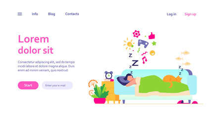 Young man sleeping on sofa with cat isolated flat vector illustration. Cartoon character dreaming under duvet at night. Nighttime and comfort concept