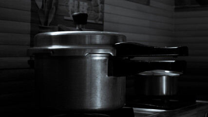 closeup shot of aluminum cooker isolated in kitchen