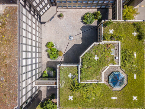 Aerial view of rooftop garden in urban residential area	