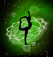 Spiritual woman in yoga pose, green deep space in background, fantasy digital illustration