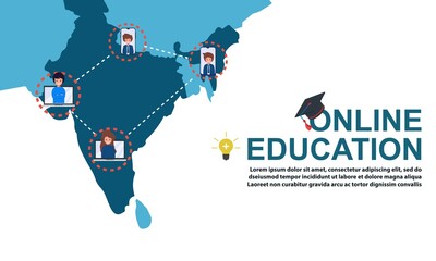 Online education with maps of India and ad distance course tutorials and study slogans anywhere anytime Free Vector