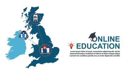 Online education with Map of United Kingdom and ad distance course tutorials and study slogans anywhere anytime Free Vector