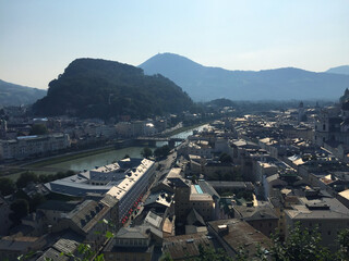 View of the old town and the Salzach river, seen from mountain in Salzburg, Austria 