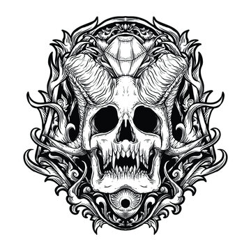 tattoo and t-shirt design black and white hand drawn devil skull and diamond engraving ornament premium vector