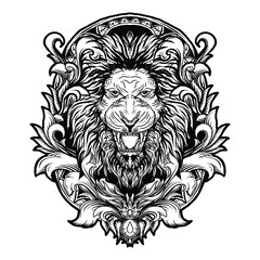 tattoo and t-shirt design black and white hand drawn lion engraving ornament premium vector