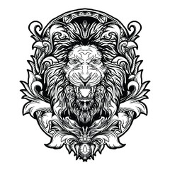 tattoo and t-shirt design black and white hand drawn lion engraving ornament premium vector