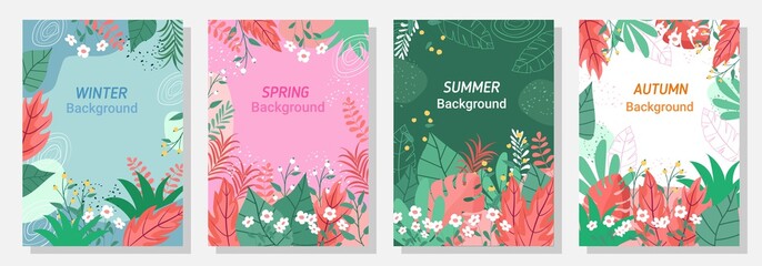 Vector set four seasons, winter, spring, summer, autumn, flowers and leaf design template, banner, cover, templates, postcard.
