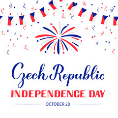 Fototapeta na wymiar Czech Republic Independence Day calligraphy hand lettering with flags and fireworks. Holiday in Czechia celebrated on October 28. Vector template for typography poster, banner, greeting card, flyer.