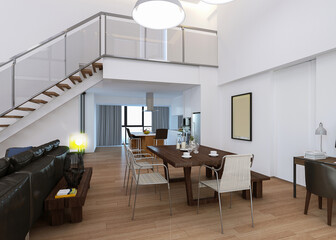 3D interior of a kitchen, dining area duplex style.