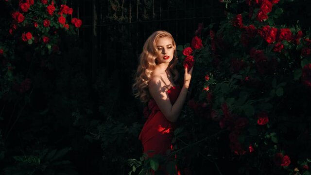 Fabulous girl with red lips in red dress on awesome summer roses background. Fantasy woman portrait. Awesome blonde model expresses emotions. Luxury lady in red is flirting. Beauty and style concept