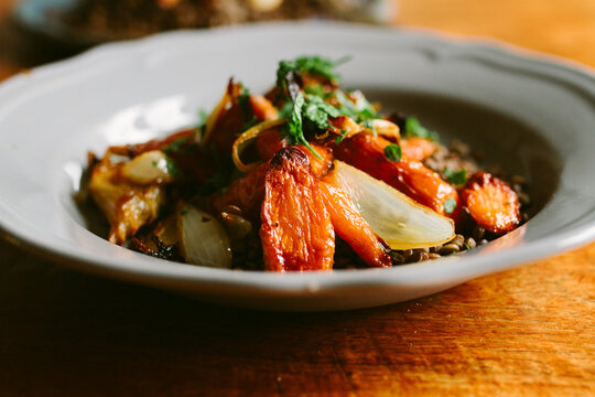 Roasted root vegetables and puy lentils