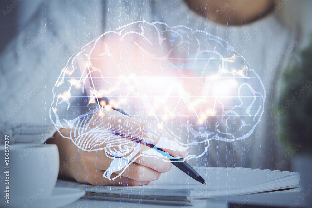 Poster Multi exposure of writing hand on background with brain hologram. Concept of learning.