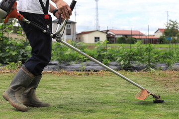 芝刈り機で庭の雑草を刈っている男性