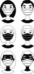 Set of people wearing masks (black and white)