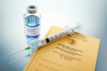 Syringe and coronavirus vaccine with vaccination certificate