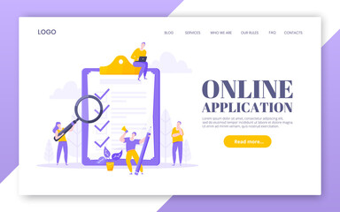 Fototapeta na wymiar Online survey form business concept with tiny person with megaphone, pencil nearby giant clipboard complete checklist and check mark ticks flat style design vector illustration landing page template.