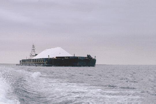 Ship with sea salt harvested from evaporation ponds