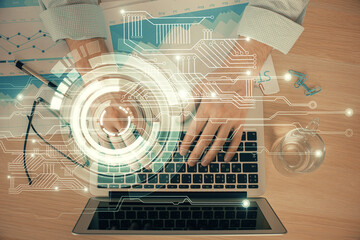 Businessman with computer background with technology theme hologram. Concept of big data. Double...