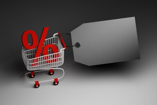 Black friday sale concept illustration - shopping trolley with large red percentage sign and large label tag with copy blank space