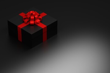 Single festive background with one present on dark background with copy blank space