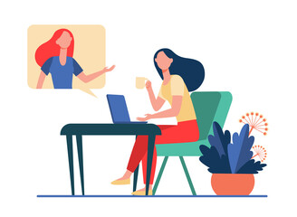 Woman using laptop and talking to friend. Video call, speech bubble, tea cup flat vector illustration. Communication, online video chat concept for banner, website design or landing web page