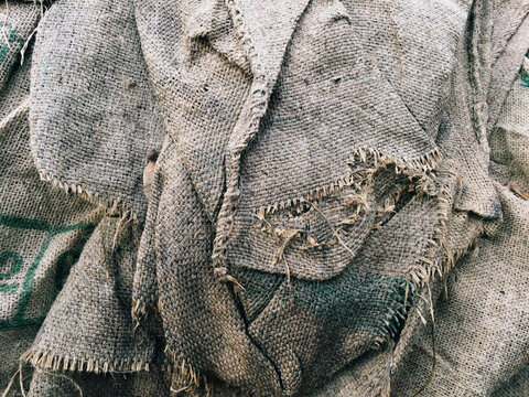 Close up of worn burlap bags