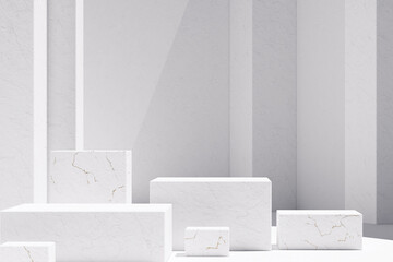 Mockup podium for branding and packaging presentation. Cosmetic and fashion. Minimal geometric shapes with marble stone texture. Natural beauty pedestal in sunlight. 3d render. 3d illustration.