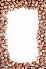 Frame on a white background of hazelnut hazelnut in a shell horizontal