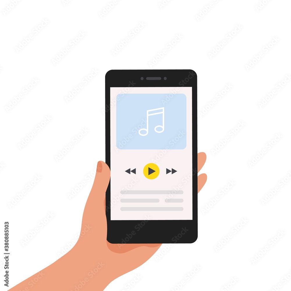 Poster Music app. Mobile application with playlist or online radio. Media player navigation screen with buttons isolated on white background hand hold smartphone with audio interface vector flat illustration