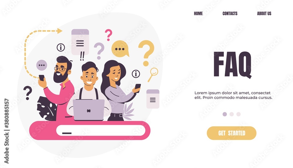 Poster question landing page. faq. people ask frequent questions. men and women finding information in inte