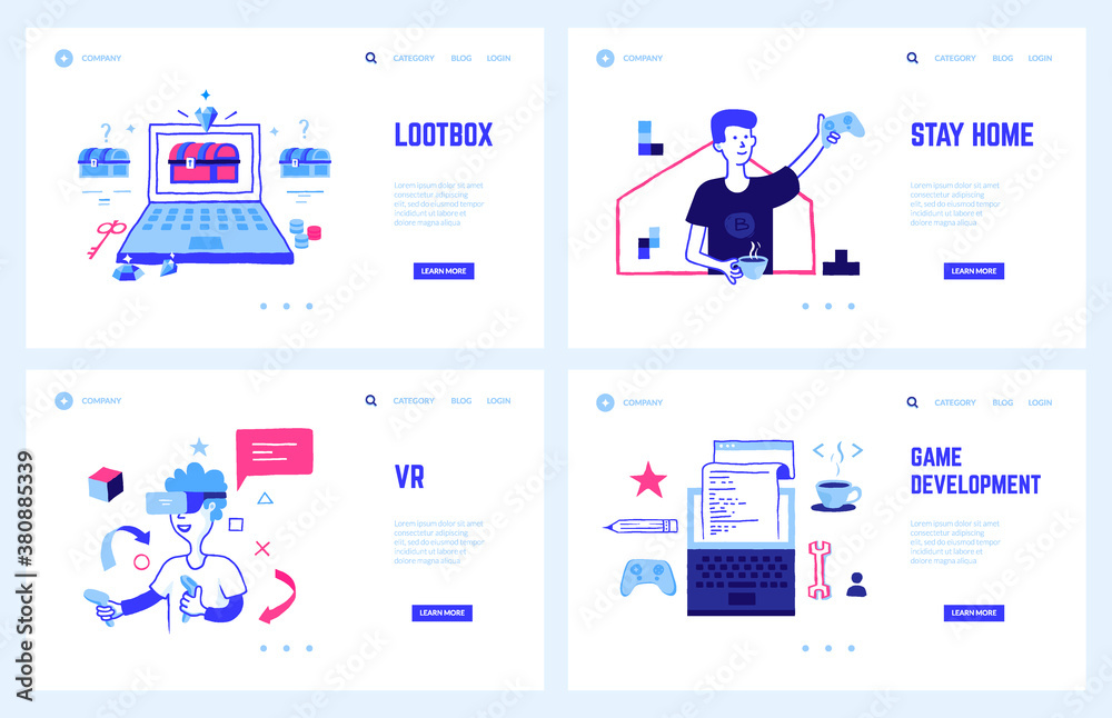 Poster Gaming landing page. Game development and 3d VR videogames concepts with flat doodle elements. Man plays computer games on laptop with joystick and virtual reality glasses. Vector web pages mockup set