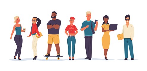 Obraz premium Young people. Cartoon different characters happy multicultural teenagers and students group of millennials isolated on white. Standing men and women for websites posters and banners vector friends set