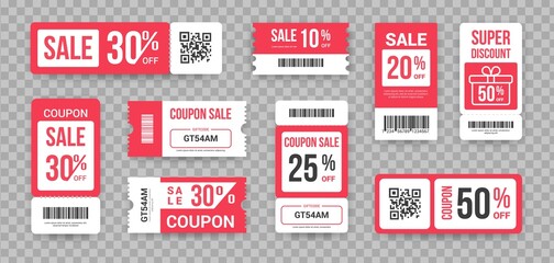 Discount tickets. Sale marketing promotion collection ribbed lottery paper coupon design mockups with barcode, tear-off QR-code. Templates with reduced price vector set in red and white colors