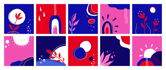 Doodle set posters. Abstract trendy various shapes of tropical leaves and nature elements, social media banners and backgrounds. Collection bright flyers with blue, red, violet colors vector set