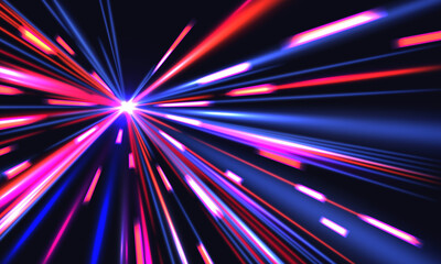 Light speed trails. Cyberpunk background with blurred motion city shine effect. Multiplicity of blue, red and violet straight rays on black. Vector backdrop of long exposure with dynamic flashlight