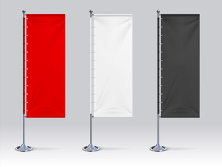 Flag banner mockup. Realistic blank hanging advertising cloth, white red and black fabric outdoor exhibition stand. Collection 3D banners for branding, logos and symbol vector design template set