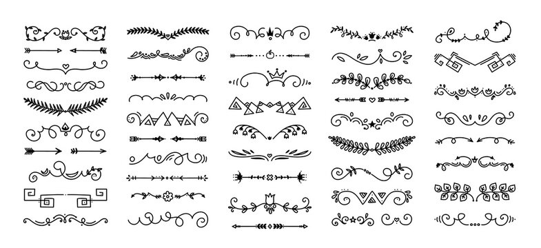 Doodle flourish dividers. Hand drawn ornament elements for greeting cards and invitations decorative frames. Collection of black lines on white isolated background. Vector vintage flat borders set