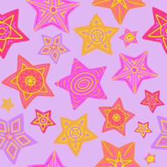 Obraz premium Seamless pattern with colorful stars on light lilac background. For Christmas, New year and other celebrations.