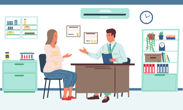 Patient consultation. Doctor appointment and examination, cartoon character visit physician or psychologist. Medical healthcare scene, specialist office interior, profession vector flat illustration