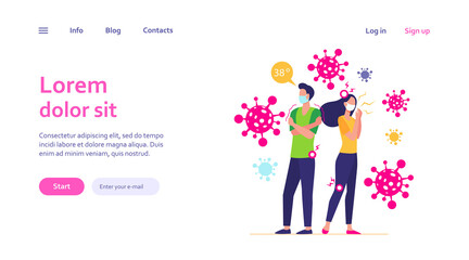 Infected people wearing face masks suffering from anxiety and coronavirus symptoms. Man and woman feeling fever, head and joint ache. Can be used for Wuhan, respiratory disease, warning topics