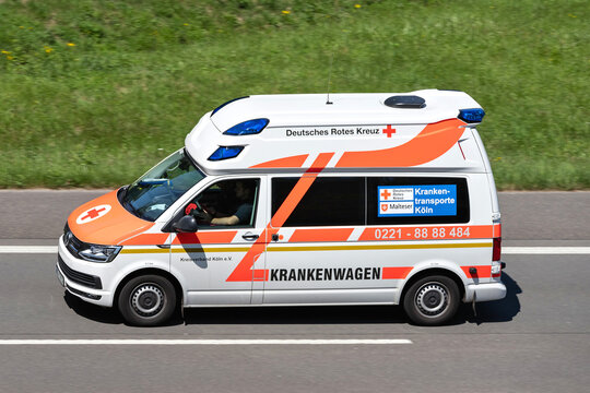 ENGELSKIRCHEN, GERMANY - JUNE 24, 2020: Ambulance of the German Red Cross on motorway. The German Red Cross, or the DRK, is the national Red Cross Society in Germany.