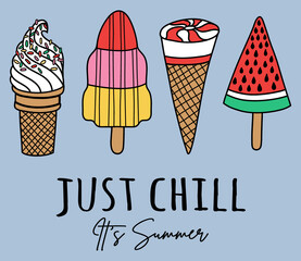 Ice Cream Illustrations with Just Chill Slogan Artwork For Apparel and Other Uses