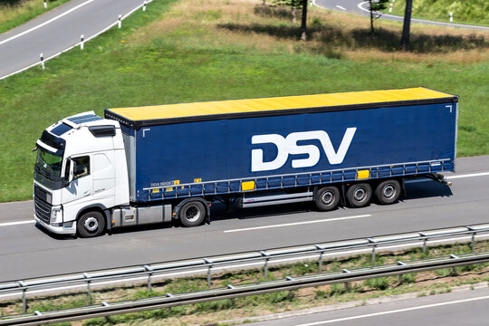 ENGELSKIRCHEN, GERMANY - JUNE 24, 2020: Volvo FH truck with DSV curtainside trailer on motorway.