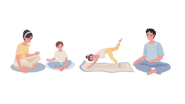 Family sitting in meditation. Family doing yoga at home 4k video animation. Cartoon movie