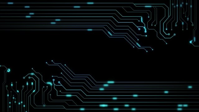 Futuristic motherboard circuit graphic animation background for logo or text. Printed circuit board PCB in motion. Learning modern computer technologies animation with printed board design. 3D render
