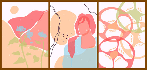 A set of three bright abstract minimalist aesthetic backgrounds with the silhouette of female faces, flowers, plants. Trendy colorful vector illustration for social media, web design in vintage style.