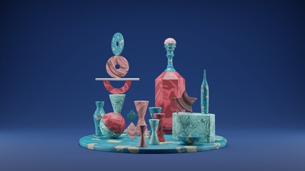 3D rendering of a composition of simple geometric shapes on a blue background.